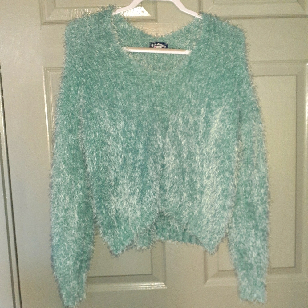Fuzzy Blue Cropped Front Sweater